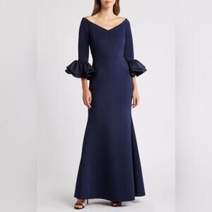 Eliza‎ J Bell Sleeve Mermaid Gown Dress Size 10 Navy Blue 3/4  Sleeve NWOT